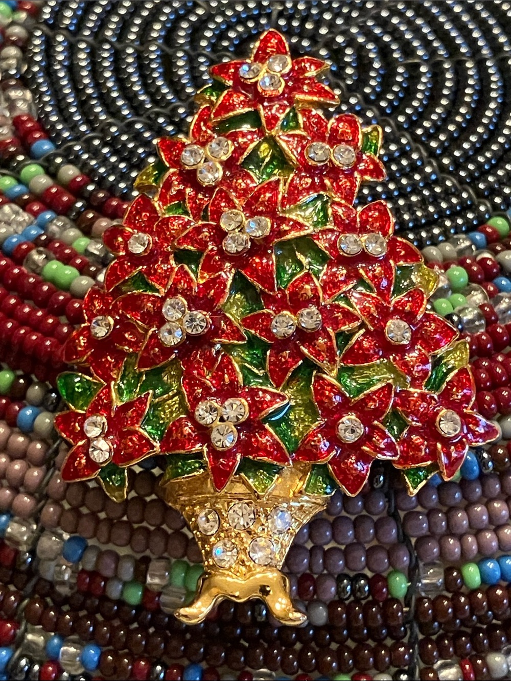 CHRISTOPHER RADKO RED CHRYSTAL POINSETTIA CHRISTMAS TREE BROOCH